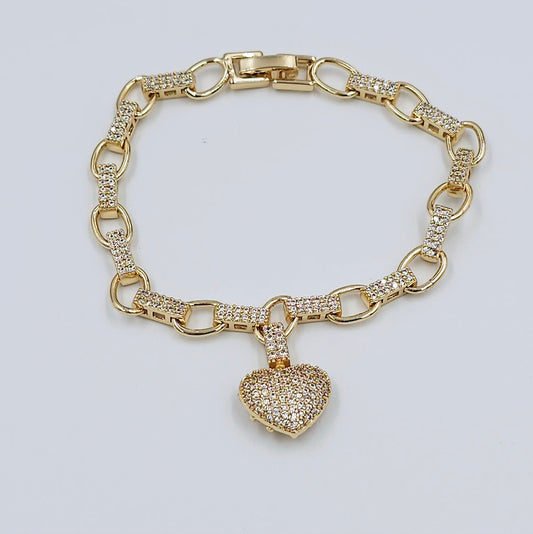 Gold CZ Heart Charm Bracelet
