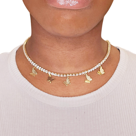 Gold Butterfly Tennis CZ Necklace